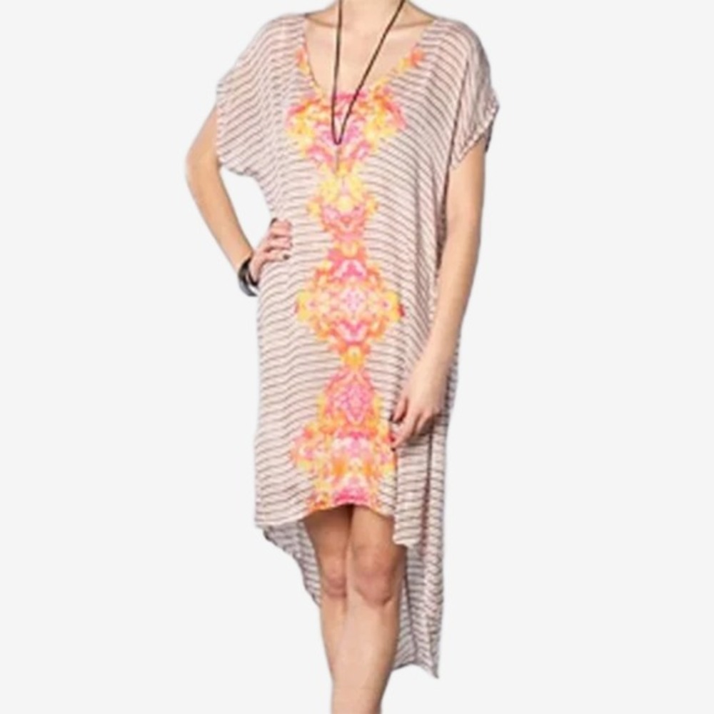 Free People Sunrise Dress Size L Striped Beach Cover Up High Low Oversized Boho - Picture 3 of 4